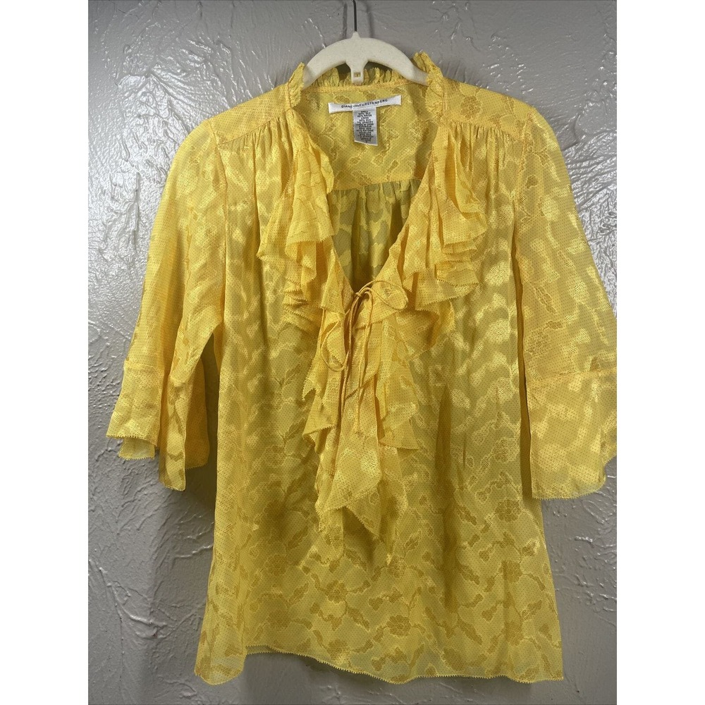 Diane von Furstenberg Women Yellow 3/4 Sleeve Silk Top Size‎ 0